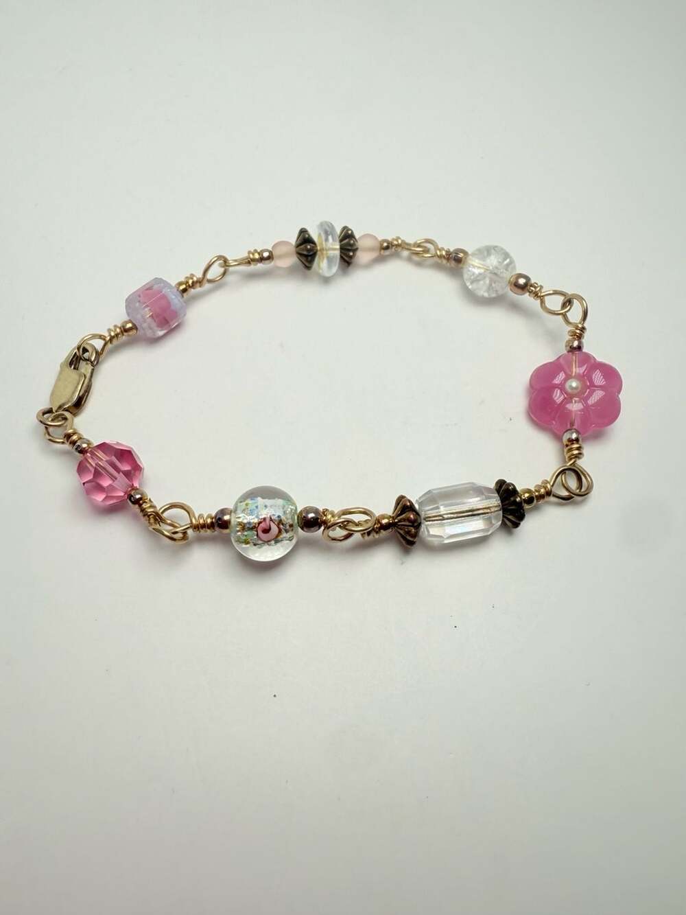 Handmade 14K Gold Filled Multi-Color Crystal Flower Beaded Bracelet 8 Inch